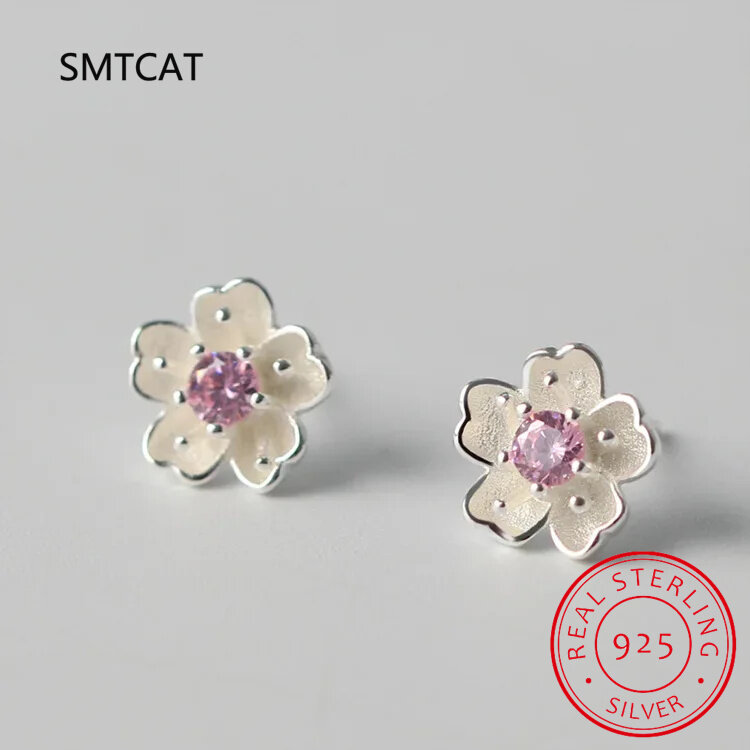 2024 New Fashion 925 Sterling Silver Fashion Flower With Pink CZ Stud Earring For Teen Girl Kid Lady Jewelry DS1018