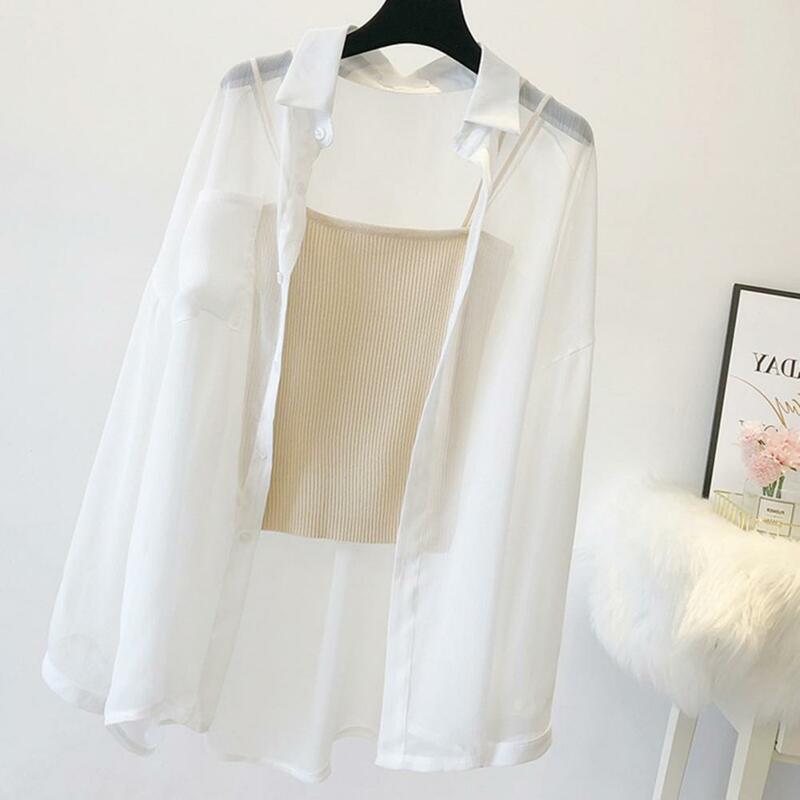 Sun Resistant Chiffon Shirt Women's Thin Anti-uv Long Sleeves Beach Cover-up Solid Color Loose Soft Casual Lapel Spring for Sun