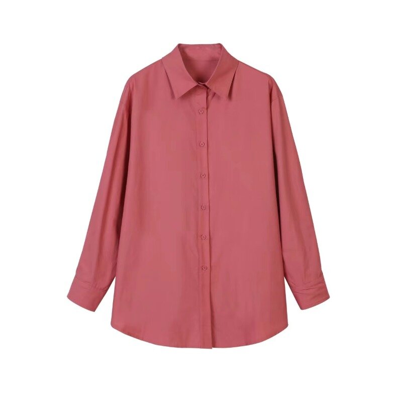 Shpmishal เสื้อสีชมพู MODE Korea สำหรับผู้หญิง, เสื้อเชิ้ตตัวหลวมเสื้อตัวยาวปานกลางดีไซน์บางอเนกประสงค์2024ฤดูใบไม้ผลิ/ฤดูร้อน
