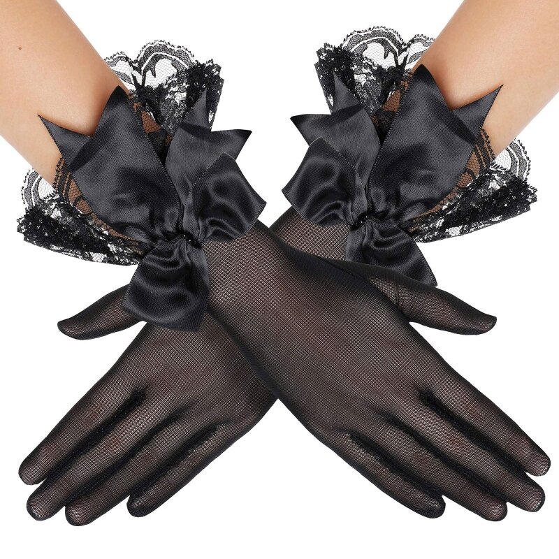 Frauen Braut Kurze Handschuhe Sexy Transparent Ultra-Dünne Bowknot Spitze Fäustlinge Weibliche Elegante Party Volle Finger Handschuhe Cosplay Requisiten