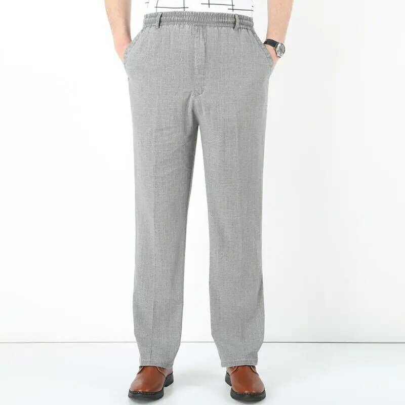 Calça casual de linho masculina com elástico na cintura, calça comercial do escritório, calça masculina de verão 5XL plus size, tamanho grande, 2 peças/lote