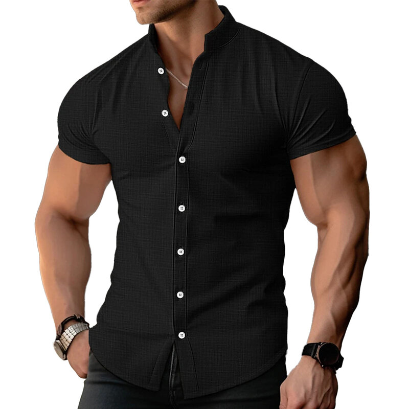 Camicia da uomo con colletto a fascia camicetta abbottonata 1 pz Casual confortevole Fitness Muscle poliestere camicia regolare tinta unita