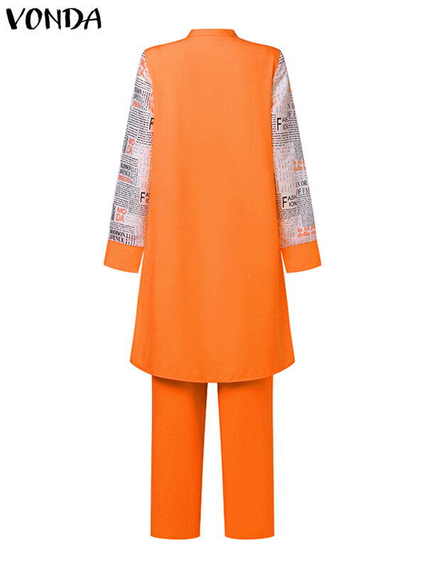 Vonda-女性用ボヘミアン長袖パッチワークトップとパンツ,裾の不規則な衣装,お揃いのセット,カジュアル,ルーズ,ラージサイズ,5xl
