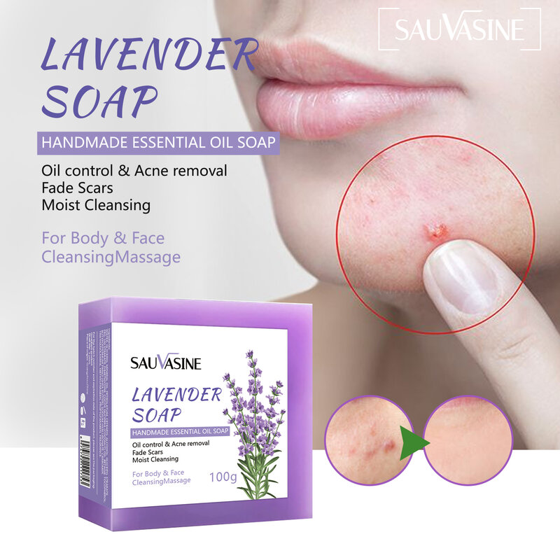Sabun Lavender untuk Kulit Kontrol Minyak Anti-jerawat Antipruritik Cuci Tungau Perawatan Sabonete Menghilangkan Jerawat Noda Gelap 100G