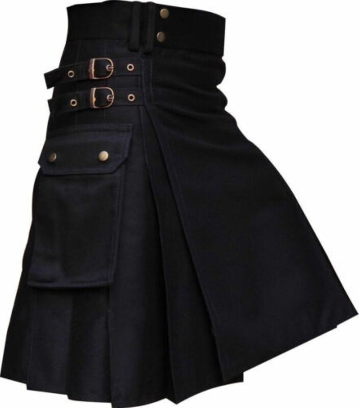 Kilt utilitario de moda negra escocesa con cadenas plateadas