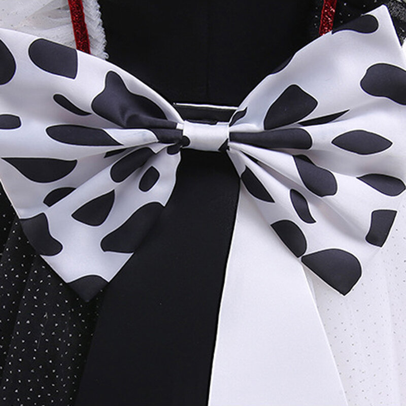 Gaun Cruella anak perempuan kostum Fashion Cosplay pakaian pesta topeng karnaval Halloween mewah gaun Tutu hitam putih 2-10t