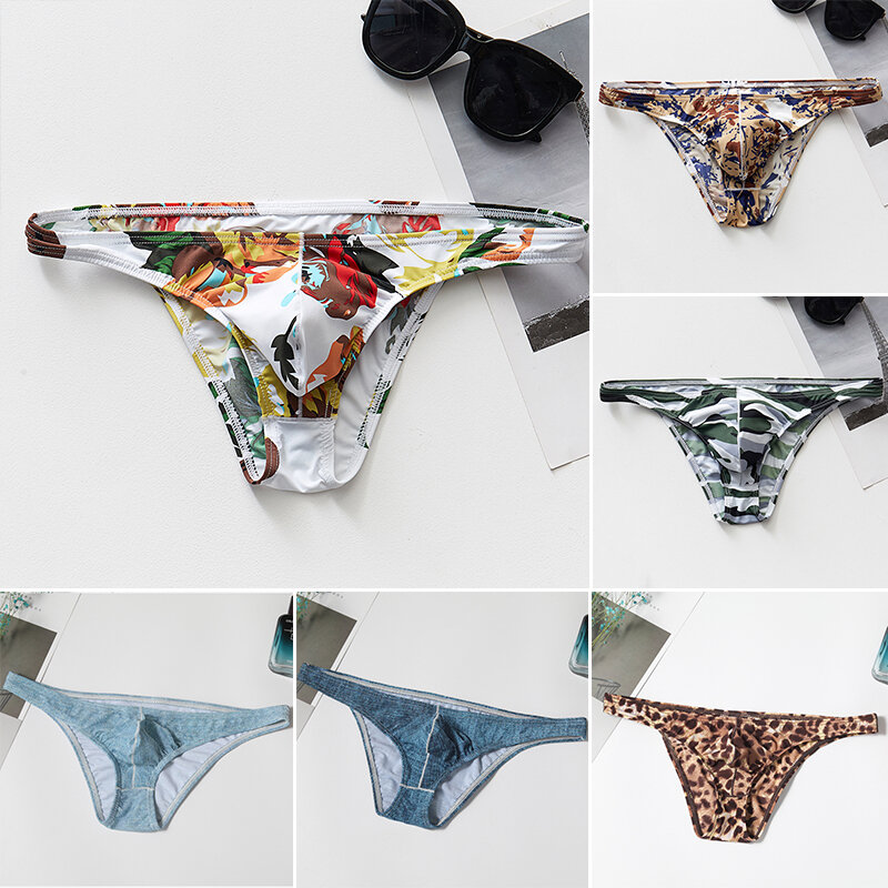 Men's Briefs Sexy Low-Waist Print Breathable Briefs Smooth Elastic Ice Silk Underpants Male Underwear Intimates Soft Comfortable