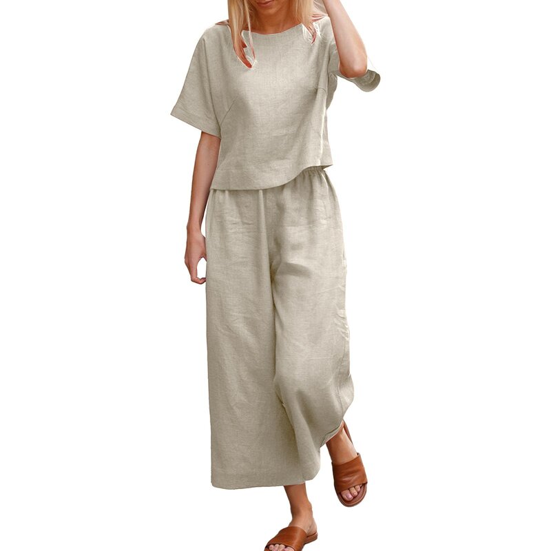 Women Cotton Linen Suit Fashion Comfortable Short Sleeve And Long Pants Solid Color Casual Loose oversized Summer Sets Dress Top