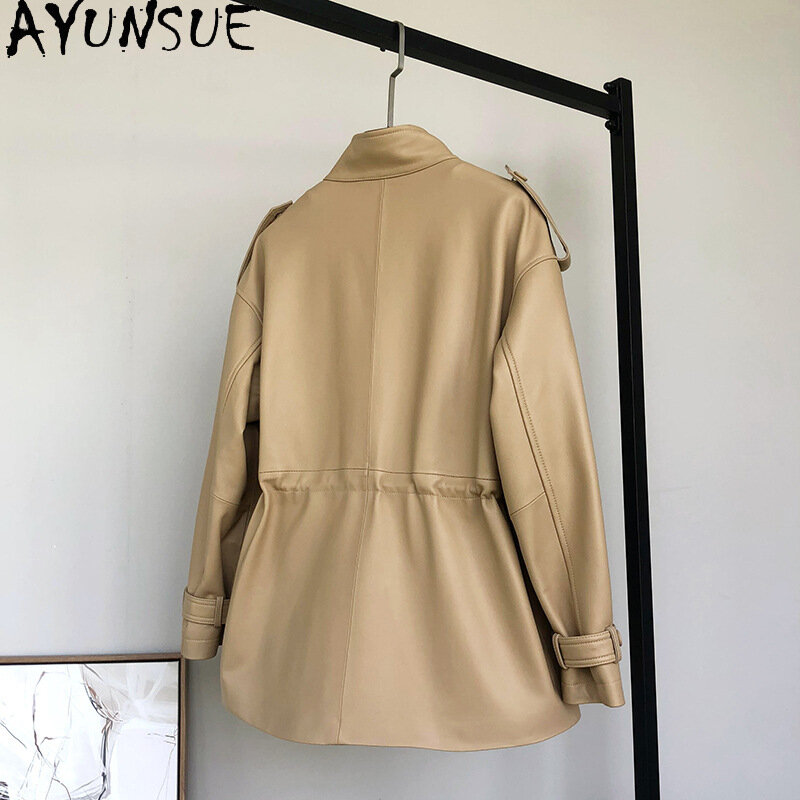 AYUNSUE-Chaqueta De Cuero genuino para Mujer, abrigo De piel De oveja auténtica coreana, longitud media, elegante, 2023
