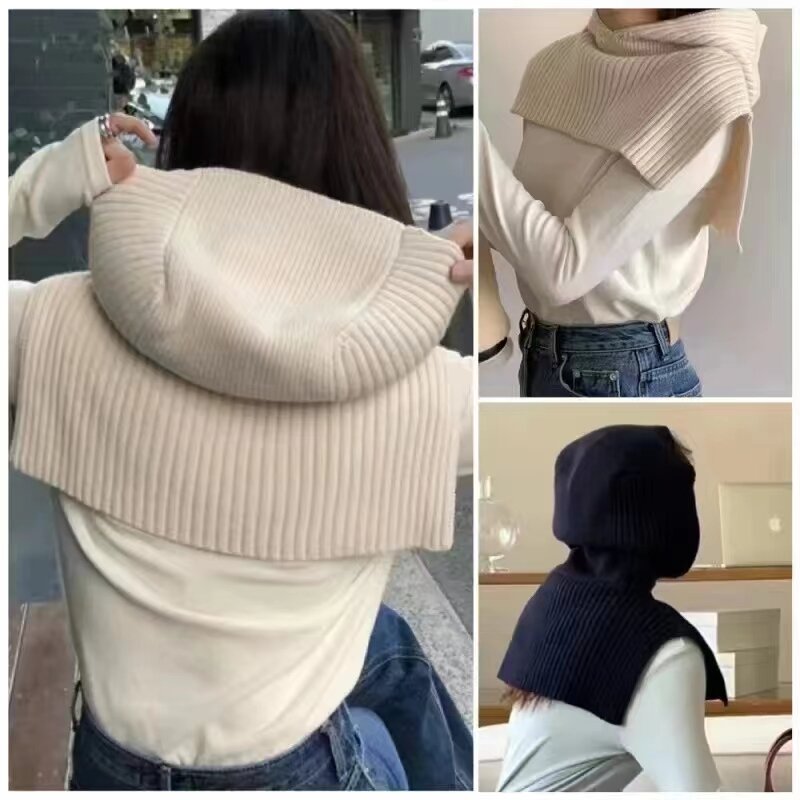 Korean Scarf For Women In Winter New Fashion Outerwear Hooded Pullover High Neck Scarf Knitted Top Shawl New