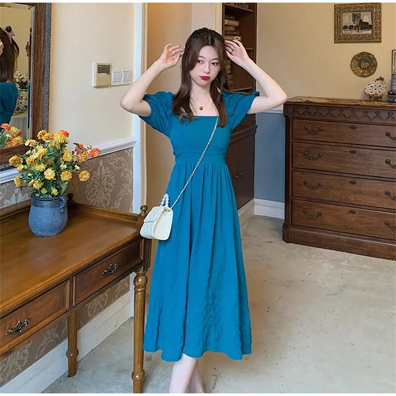 Puff Sleeve Dress Women Summer Backless 2024 Gentle Chic Solid New Sexy Fashion Office Lady Princess Sweet skirt