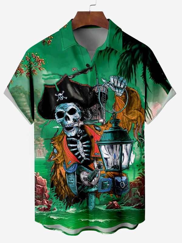 Men's Hawaiian Skeleton Pirate Captain Storm Sailing Cartoon Print Shirt Short Sleeve Shirt Summer Loose Beach Shirts For Boy