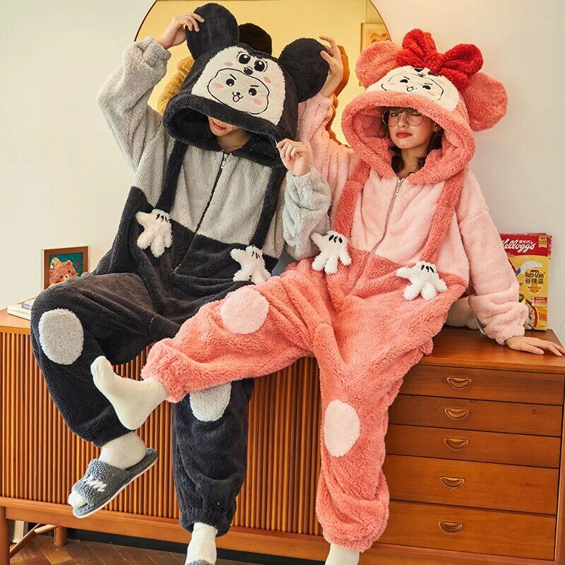 Winter Couple Pajamas Jumpsuits Women Men Warm Thicken Cartoon Cat Kawaii Sleepwear One-Pieces Lovers Pyjamas Hoodie Freeship