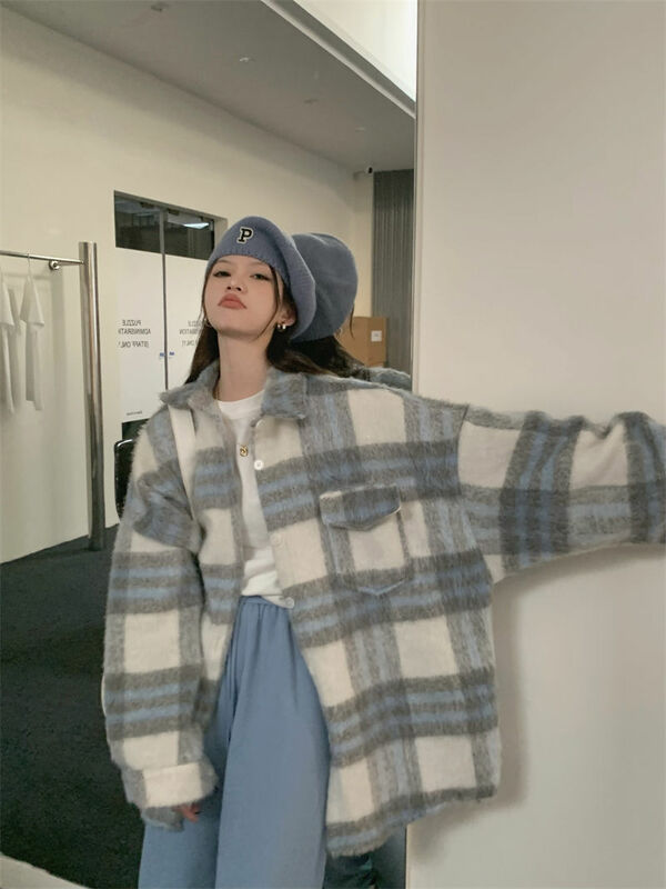Abrigos de mezcla de lana de manga larga sueltos para mujer, camisa de lana Vintage informal coreana, chaqueta superior, abrigos de felpa a cuadros para mujer, nueva moda