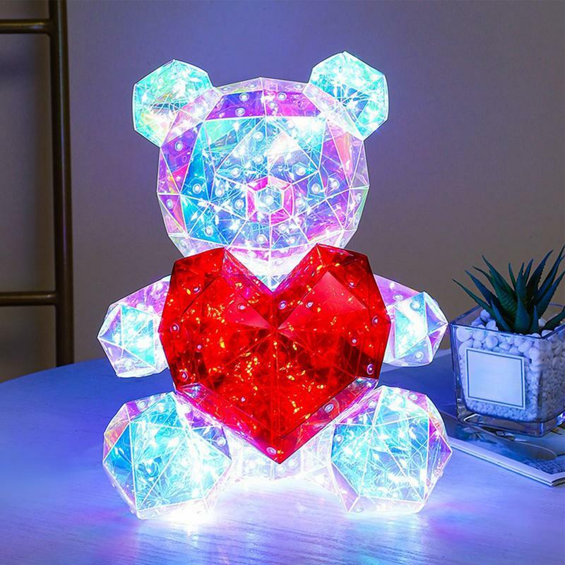 Prezent na walentynki świecący miś kolorowe diody LED miś kochany trzymający prezent urodzinowy z czerwonym sercem dla niej niedźwiedź różany
