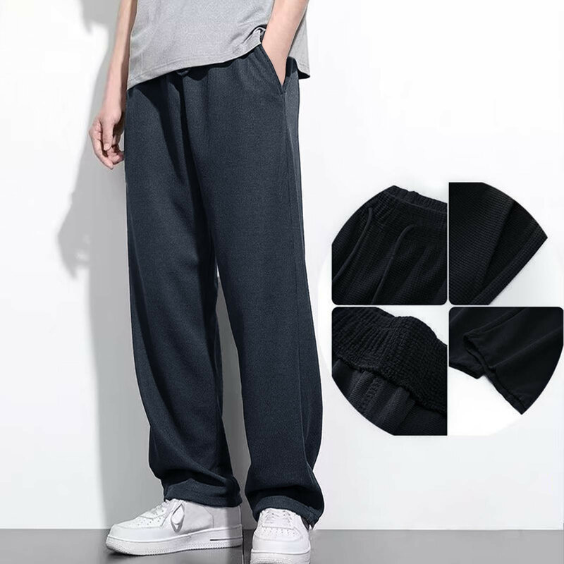 Pantalones holgados con bolsillo para hombre, pantalón informal de fondo recto con cordón, cintura elástica, Color sólido
