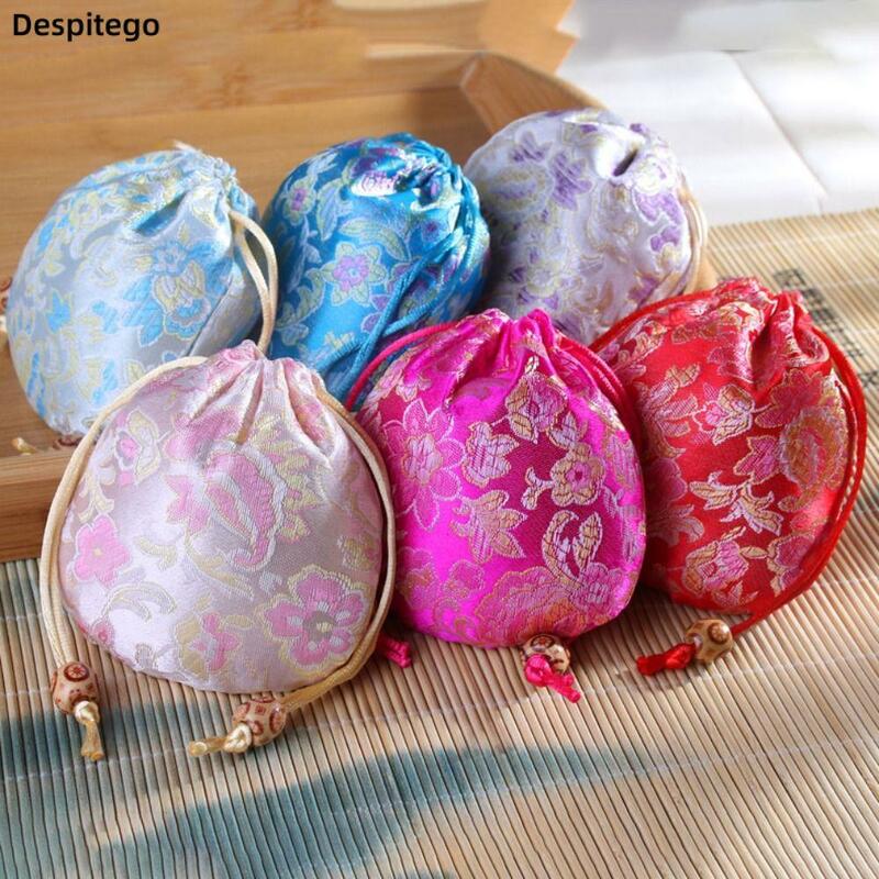 Estilo chinês bordado flor cordão açúcar saco, bolsa de grande capacidade, estilo étnico armazenamento saco, balde saco