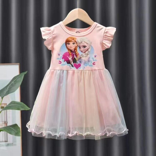 Summer Baby Girls Frozen Dress 2024 New Kids Elsa Anna Short Sleeved Rainbow Mesh Princess Dresses Children's Casual Clothing