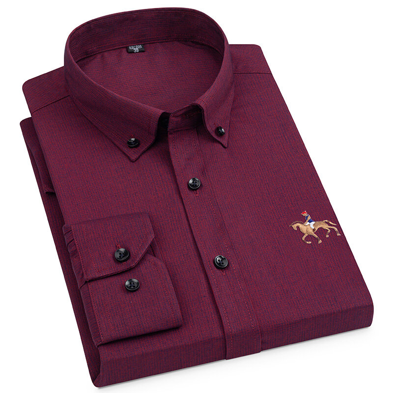 Camisa de vestir a la moda para hombre, camisa de manga larga estilo inglés, bordado de caballo sin hierro, lisa, suave, arruga, ajustada, con botones
