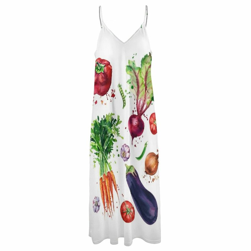 Conjunto de verduras con ilustración de acuarela, vestido de noche sin mangas para mujer, vestidos de verano 2023