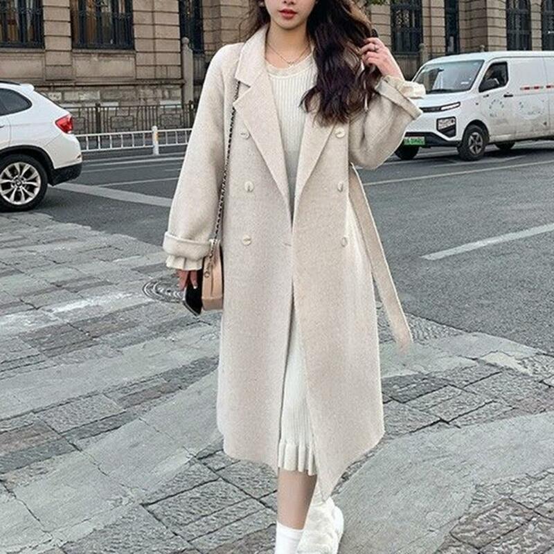 Jaket hangat wanita, mantel perempuan panjang setengah betis dipertebal longgar dengan kerah lipat dua baris untuk musim gugur/musim dingin