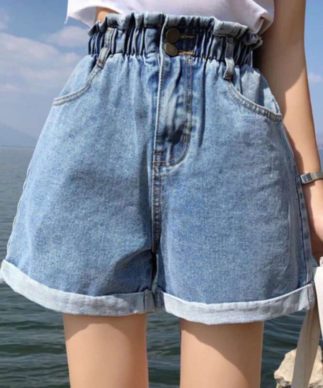 Jielur-Shorts jeans de cintura alta para mulheres, shorts com babados harém, jeans curtos elásticos femininos, branco e azul, S-5XL, verão