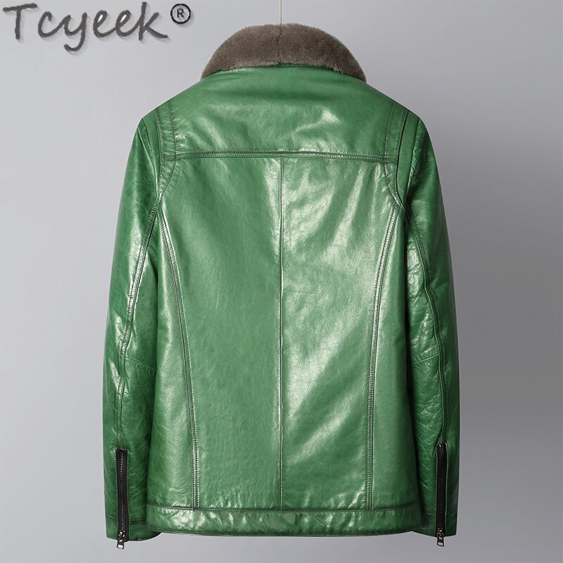 Tcyeek Winter Men's Real Fur Jackets Real Goatskin Genuine Leather Jacket Men 2023 Slim Fit Fashion Mink Fur Liner Coats Green