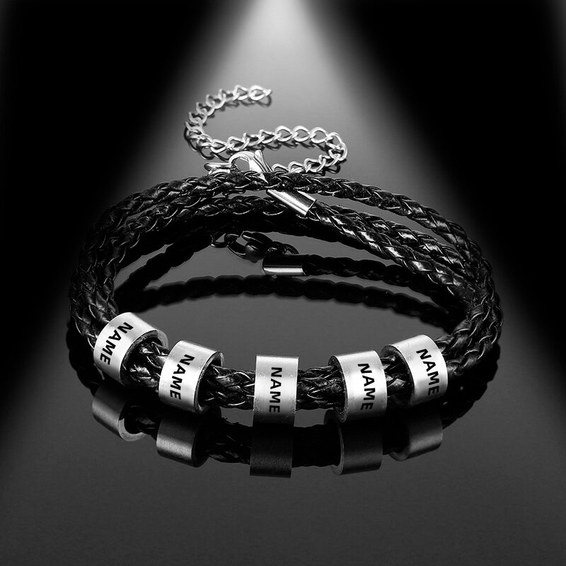 LIKGREAT-pulsera de cuero personalizada con letras y nombre para hombre y mujer, brazalete de cuerda trenzada con cuentas de acero inoxidable, personalizado
