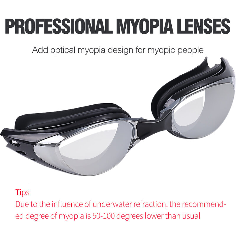 Impermeável Myopia Natação Óculos, Anti-Fog Swim Óculos, Unisex Ajustável Silicone Eyewear,-1.0 ~-9.0