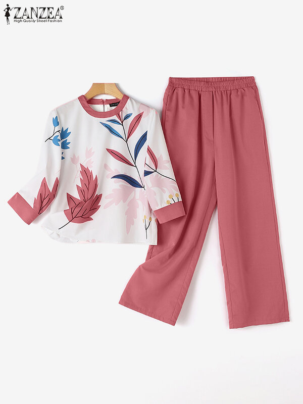 ZANZEA-Ensemble pantalon de travail pour femme, élégant, 2 pièces, survêtement d'été, mode manches courtes, chemisier imprimé, fjSuits assortis
