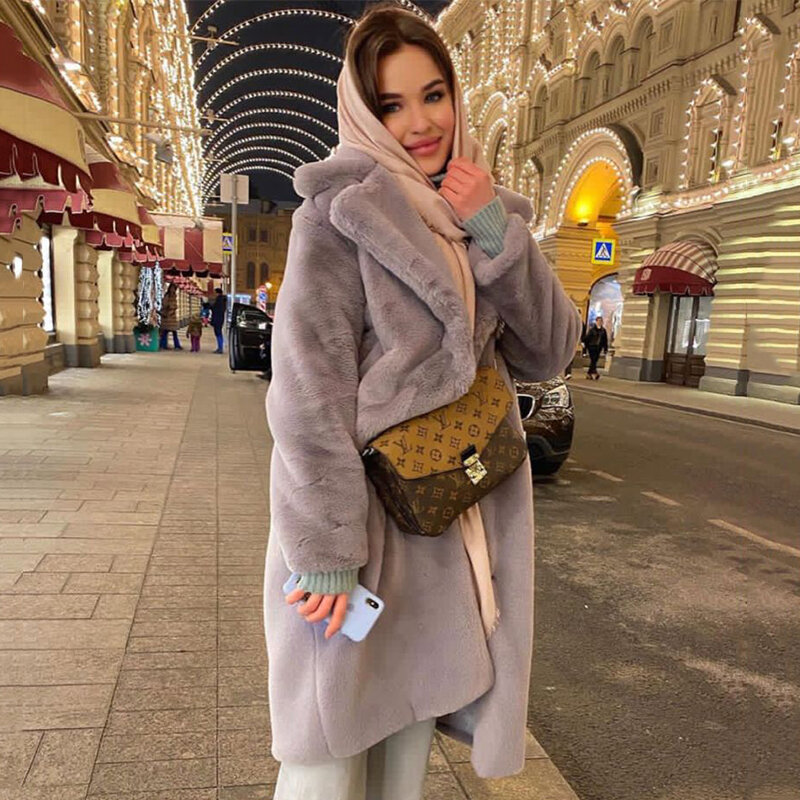 Женское пальто из искусственного кроличьего меха, длинное теплое пальто большого размера с лацканами и поясом, зима 2023