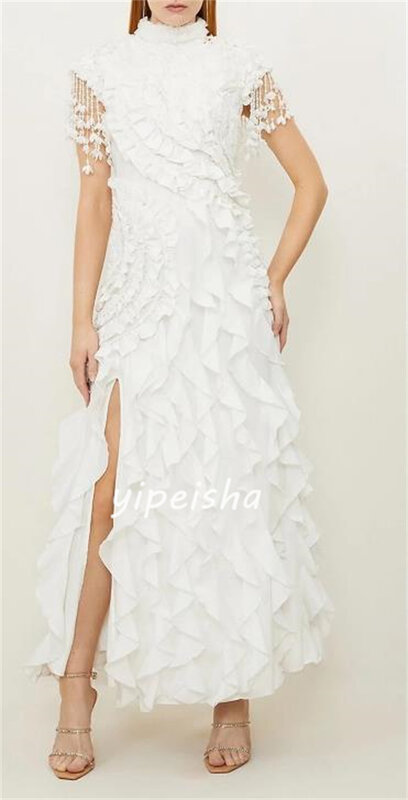 Exquisite High Quality Sparkle Jersey Flower Ruched Birthday A-line High Collar Bespoke Occasion Gown Midi Dresses