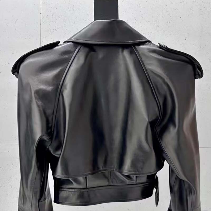 女性のための本革のジャケット,春のコート,カジュアルな半袖,ドロップネック,新しいコレクション2023