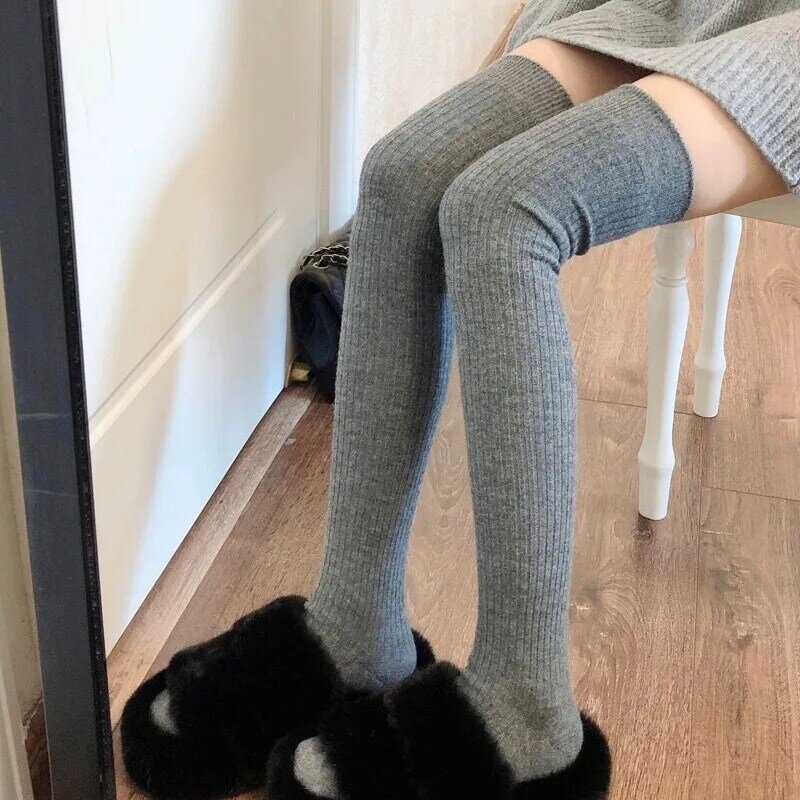 Calcetines altos hasta el muslo de algodón para mujer, medias largas ajustadas, rayas verticales, negro, blanco, JK Lolita, Otoño e Invierno