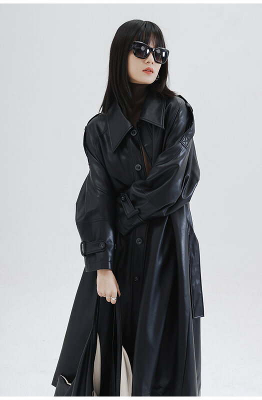 Gabardina larga de gran tamaño para mujer, abrigo de cuero Pu suave, verde y negro, cinturón de manga raglán, botonadura única, Moda de Primavera