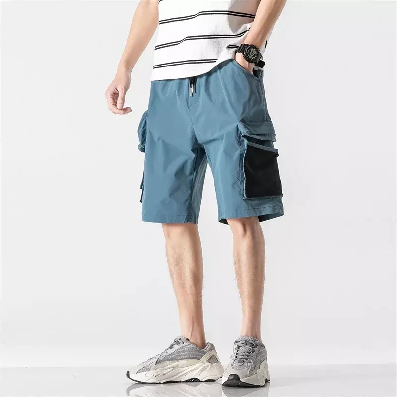 กางเกงขาสั้นผ้าคอตตอนแท้สำหรับผู้ชายกางเกงขาสั้นแบบลำลองทรงหลวมมีกระเป๋าใหญ่ทันสมัยสำหรับฤดูร้อน