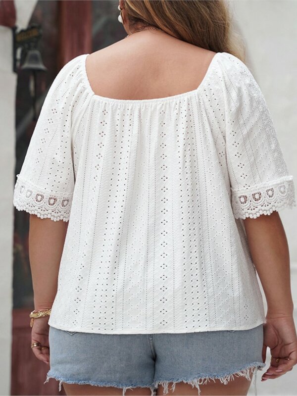 Plus Size Zomer Holle Patchwork Tops Vrouwen Vierkante Kraag Losse Geplooide Dames Cropped Blouses Casual Mode Vrouw Tops