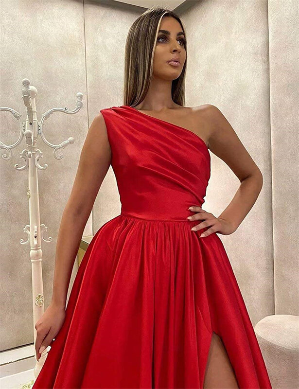 2024 New Women One Shoulder Satin Prom Dresses Long A-Line Floor-Length Ball Gowns High Slit Sleeveless Formal Evening Dress