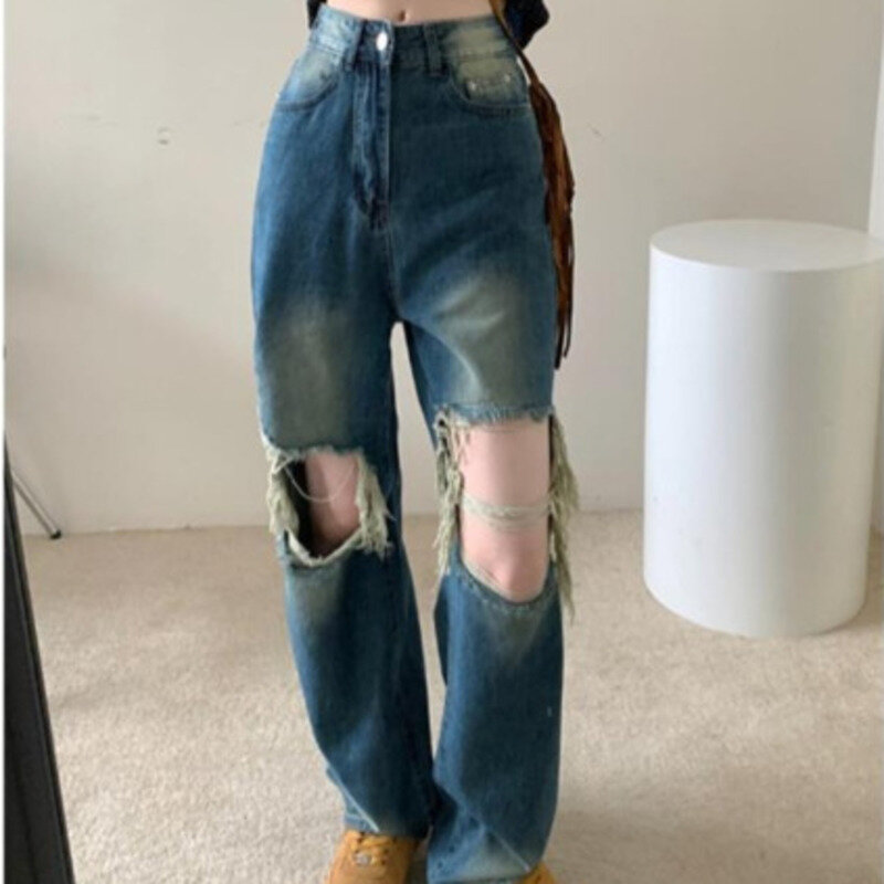 Pantalones vaqueros Retro para mujer, Jeans desgastados con agujeros, diseño personalizado de calle, pierna recta, torres de piso, 2024