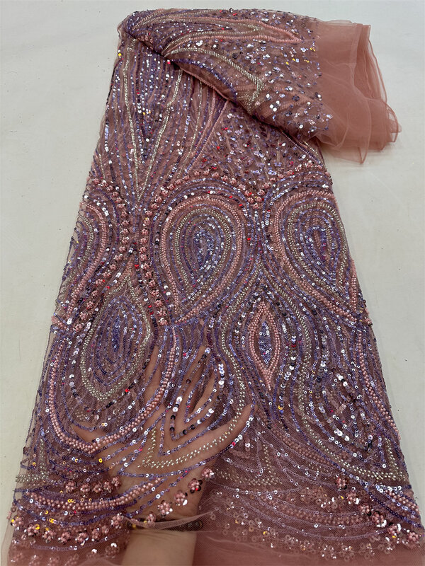 Tela de cuentas pesadas de alta gama, tejido africano de lujo con lentejuelas, bordado de novio, encaje francés para coser bodas, 5 yardas, 2024
