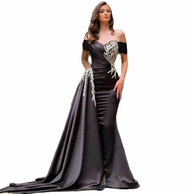 Gaun malam Backless seksi untuk wanita mode Satin cantik indah bahu terbuka lengan pendek gaun Prom sederhana pelangsing