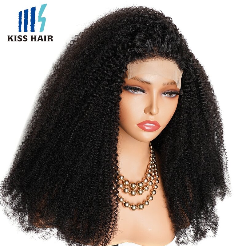 Afro Kinky Curly Front Lace Wig, Cabelo Humano Glueless, Perucas de Cor Preta Pré-Arrancadas, 13*4 Frontal Wig, 4*4 Encerramento, 300%
