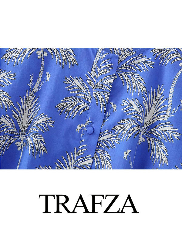 TRAFZA-Blusa feminina de peito único com estampa vintage em o pescoço, blusa solta, mangas compridas, camisas finas elegantes, decoração casual