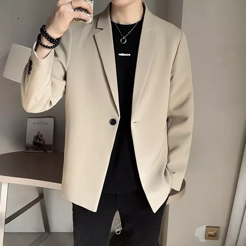 Jaket Blazer pria, mantel Slim Fit, kasual Cerdas musim semi pakaian Fashion tipis Asia Single Breasted hitam model Korea