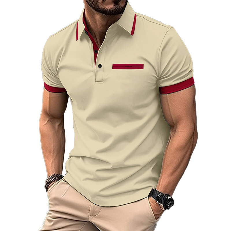 男性用ポリエステルTシャツ,半袖,折り襟,ストレッチ,夏服