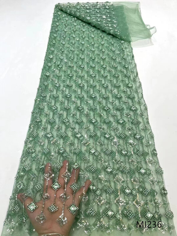 Tela de encaje de lujo con cuentas a mano, tela de encaje bordada con lentejuelas nigerianas africanas para coser, 5 yardas, Dubái