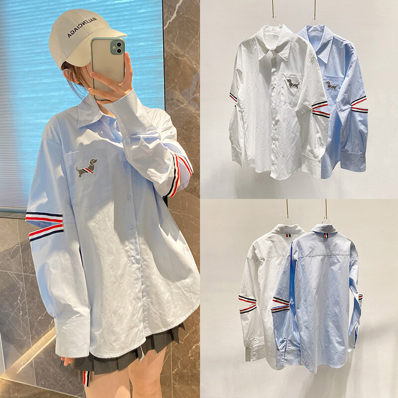 High Quality Korean Fashion TB College Style Shirt, Niche Open Arm Puppy Shirt, Loose and Lazy Couple Jacket, Mesh Red