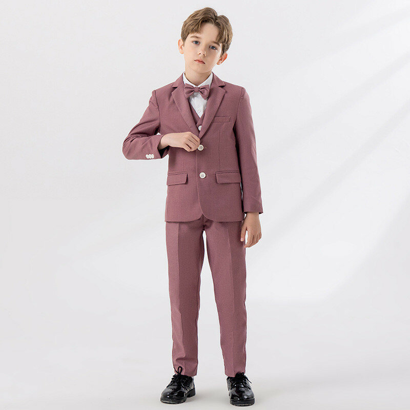 ชุดสูทสำหรับเด็กผู้ชายชุดสูทสีชมพูสำหรับเด็ก, ชุดสูทเอวยางยืด + เสื้อกั๊ก + เสื้อเชิ้ต + โบว์ไท