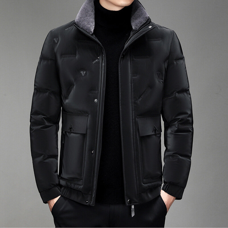 High-end Quality White Duck Down Down Jacket Men Winter Coat Fur Collar Zip Long Sleeve Business Casual Puffer Windproof Pocket