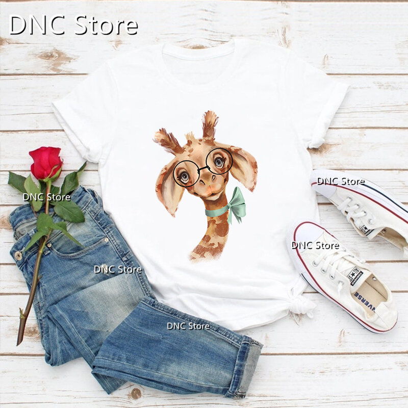 Camiseta feminina com estampa animal fofa, camiseta de leão girafa elefante poodle, branca, moda nova, 2022